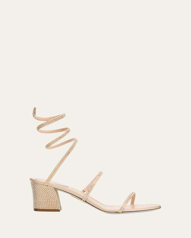 Snake Ankle-Wrap Strass Satin Block-Heel Sandals